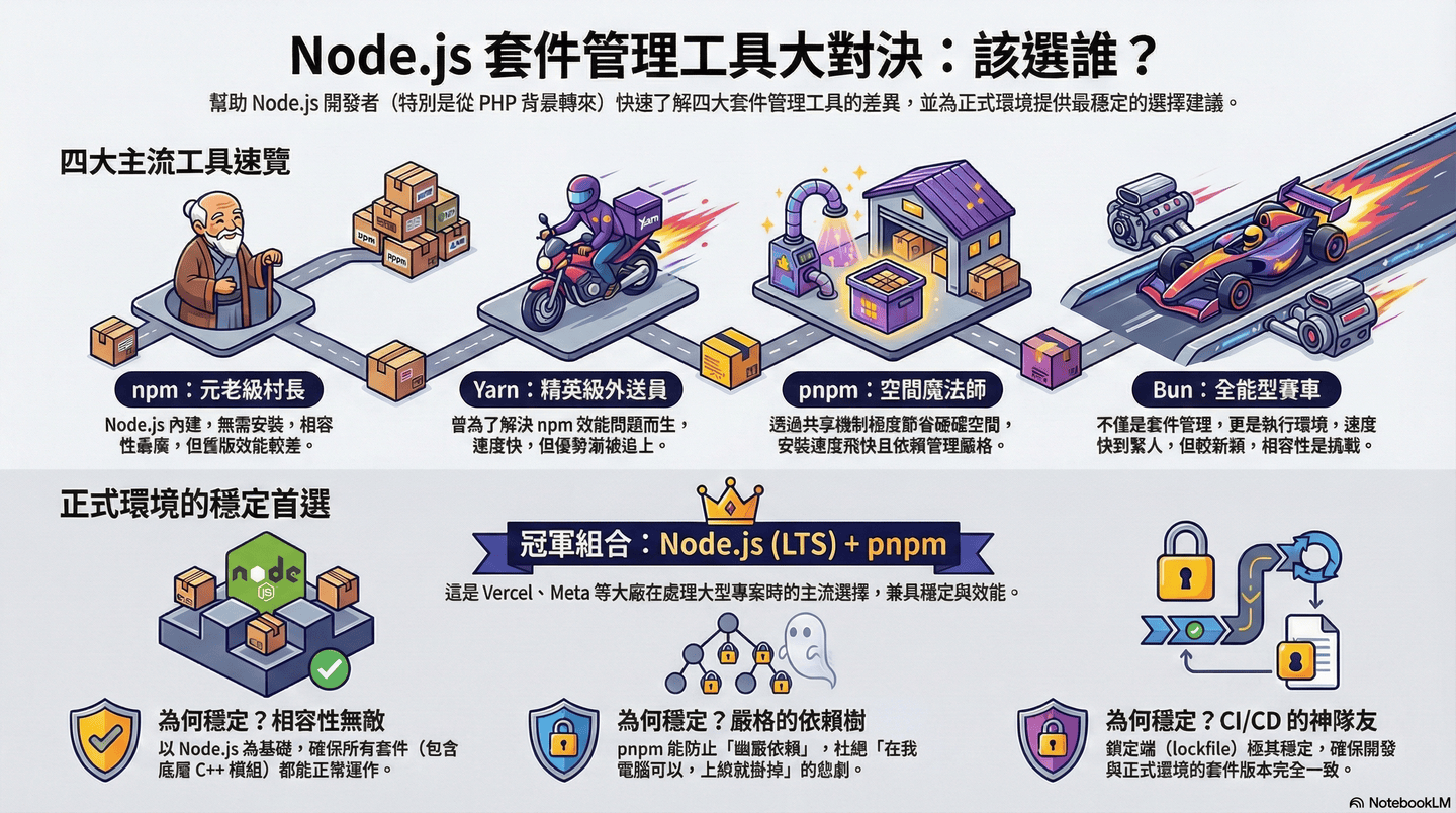 Featured image of post Manajer Paket Node.js: npm, yarn, pnpm, bun—Pilih yang Mana? Apa Kelebihan, Kekurangan, dan Perbedaannya?