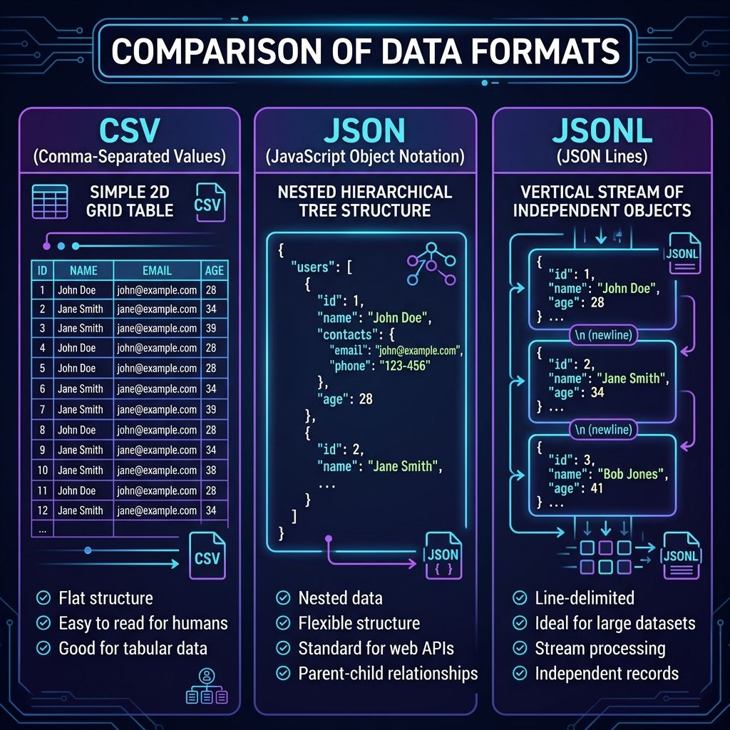 JSONL 與 JSON、CSV 資料格式比較